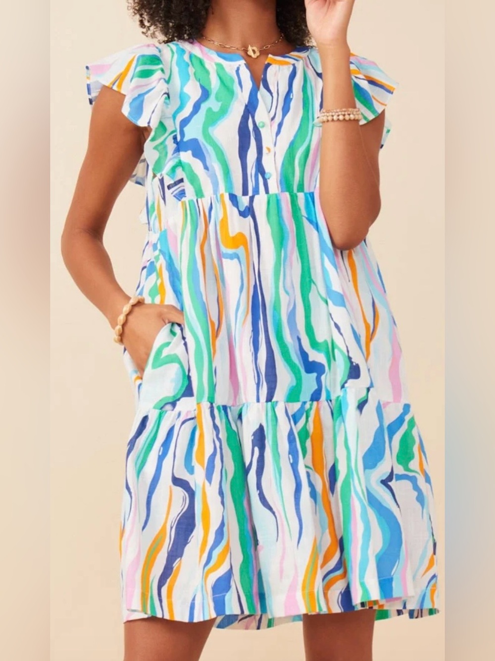 Hayden Abstract Lines Button Detail Ruffle Sleeve Dress relaxed fit comfy large